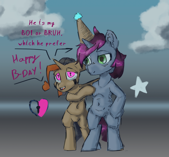 Size: 974x903 | Tagged: safe, artist:sharpy, artist:zlatdesign, derpibooru import, oc, oc:max bright, oc:rusted gold, happy birthday, image, png