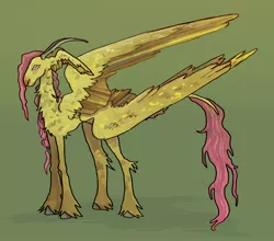 Size: 2708x2380 | Tagged: safe, artist:flockdog, derpibooru import, fluttershy, goat, hybrid, pegasus, pony, alternate design, braid, female, fluffy, goat horns, horizontal pupils, horns, image, jpeg, leonine tail, multiple wings, solo, species swap, tail, twitterina design, unshorn fetlocks, wings