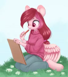 Size: 937x1055 | Tagged: safe, artist:melodylibris, derpibooru import, oc, unofficial characters only, anthro, pegasus, pony, unguligrade anthro, clothes, female, flower, image, jpeg, kneeling, mare, pencil, sketchpad, solo, sweater