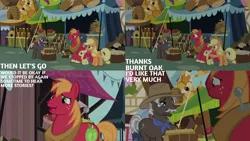 Size: 1280x720 | Tagged: safe, derpibooru import, edit, edited screencap, editor:quoterific, screencap, apple bloom, applejack, big macintosh, burnt oak, earth pony, pony, season 7, the perfect pear, apple bloom's bow, applejack's hat, bow, cowboy hat, female, filly, foal, grin, hair bow, hat, image, jpeg, male, mare, open mouth, open smile, smiling, stallion, text