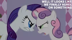 Size: 1280x720 | Tagged: safe, derpibooru import, edit, edited screencap, editor:quoterific, screencap, rarity, sweetie belle, pony, unicorn, season 2, sisterhooves social, carousel boutique, duo, female, filly, foal, image, jpeg, mare, open mouth, text