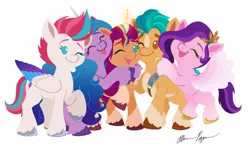 Size: 2048x1244 | Tagged: safe, artist:allisonpopick, derpibooru import, hitch trailblazer, izzy moonbow, pipp petals, sunny starscout, zipp storm, alicorn, earth pony, pegasus, pony, unicorn, my little pony: a new generation, cute, eyes closed, female, g5, group hug, hug, image, jpeg, male, mane five (g5), mare, one eye closed, race swap, simple background, smiling, stallion, sunnycorn, tongue out, white background