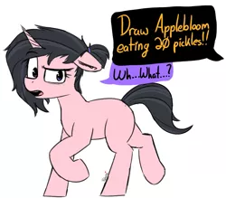 Size: 939x821 | Tagged: safe, artist:pinkberry, derpibooru import, oc, oc:mae (pinkberry), unofficial characters only, aggie.io, colored sketch, dialogue, doodle, image, png, raised eyebrow, request, speech, speech bubble, talking, text, trotting, walking