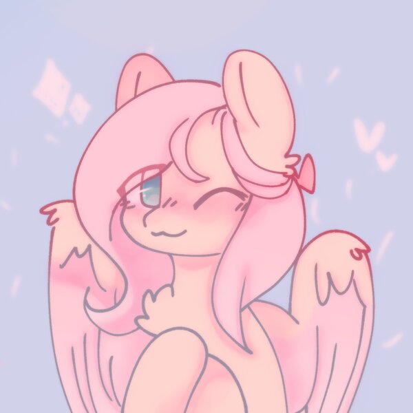 Size: 1280x1280 | Tagged: safe, alternate version, artist:tofucupid, derpibooru import, fluttershy, pegasus, pony, :3, blushing, chest fluff, image, jpeg, looking at you, one eye closed, smiling, smiling at you, solo, spread wings, wings, wink, winking at you