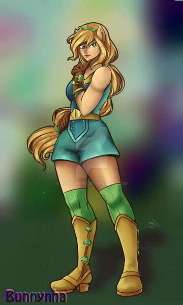 Size: 1024x1708 | Tagged: safe, artist:bunnynha, derpibooru import, applejack, equestria girls, legend of everfree, boots, clothes, cowboy boots, crystal guardian, deviantart watermark, eyebrows, female, freckles, gloves, high heel boots, image, jpeg, looking at you, obtrusive watermark, ponied up, shoes, signature, simple background, smiling, smiling at you, solo, transparent background, watermark