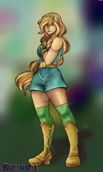 Size: 1024x1708 | Tagged: safe, artist:bunnynha, derpibooru import, applejack, equestria girls, legend of everfree, boots, clothes, cowboy boots, crystal guardian, deviantart watermark, eyebrows, female, freckles, gloves, high heel boots, image, jpeg, looking at you, obtrusive watermark, ponied up, shoes, signature, simple background, smiling, smiling at you, solo, transparent background, watermark