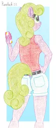 Size: 850x1920 | Tagged: suggestive, artist:roseluck, derpibooru import, daisy, flower wishes, anthro, earth pony, plantigrade anthro, pony, abstract background, ass, belt, butt, clothes, colored pencil drawing, daisybutt, denim shorts, dock, female, hand on hip, holding, image, looking at something, looking up, mare, mobile phone, phone, png, pockets, rear view, shorts, smiling, solo, solo female, standing, tail, tail hole, tanktop, traditional art