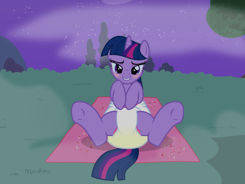 Size: 8000x6000 | Tagged: questionable, alternate version, artist:ithinkitsdivine, derpibooru import, twilight sparkle, pony, unicorn, absurd resolution, bedroom eyes, blushing, diaper, diaper fetish, female, fetish, image, lip bite, non-baby in diaper, png, show accurate, show accurate porn, smiling, solo, underhoof, unicorn twilight, urine, wet diaper