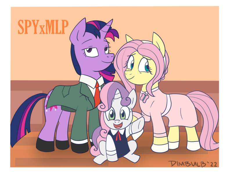 Size: 2012x1524 | Tagged: safe, artist:dimbulb, derpibooru import, fluttershy, sweetie belle, twilight sparkle, alicorn, pegasus, pony, unicorn, anime, anya forger, clothes, female, image, loid forger, male, mare, parody, png, spy x family, stallion, trio, unicorn twilight, yor forger