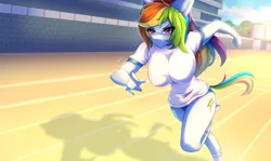 Size: 1272x760 | Tagged: suggestive, artist:hellcat120, derpibooru import, rainbow dash, anthro, pegasus, bedroom eyes, big breasts, bouncing, bouncing breasts, breasts, building, busty rainbow dash, clothes, cloud, detailed background, digital art, erect nipples, female, image, jpeg, nipple outline, running, running shoes, schoolgirl, serious, shirt, shoes, shorts, sky, socks, solo, tail, thighs, tracks, tree, wide hips, wingless, wingless anthro