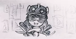 Size: 3122x1630 | Tagged: safe, artist:麥, derpibooru import, izzy moonbow, pony, unicorn, my little pony: a new generation, cap, cool, cute, g5, glasses, hat, horn, image, jpeg, rapper
