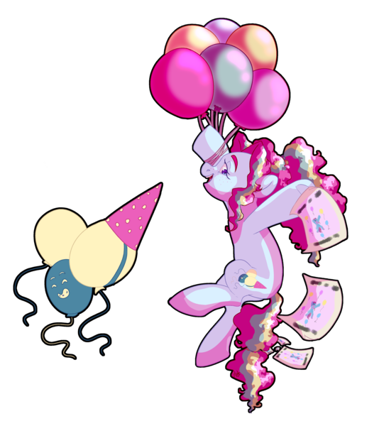 Size: 3230x3630 | Tagged: safe, artist:tersisa, pinkie pie, earth pony, pony, alternate cutie mark, balloon, coat markings, facial markings, female, floating, freckles, happy, image, looking at you, mare, multicolored hair, open mouth, png, ponytail, profile, redesign, smiling, solo