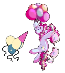 Size: 3230x3630 | Tagged: safe, artist:tersisa, pinkie pie, earth pony, pony, alternate cutie mark, balloon, coat markings, facial markings, female, floating, freckles, happy, image, looking at you, mare, multicolored hair, open mouth, png, ponytail, profile, redesign, smiling, solo