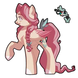 Size: 2500x2500 | Tagged: safe, artist:tersisa, fluttershy, pegasus, pony, alternate cutie mark, braid, braided pigtails, coat markings, colored wings, female, folded wings, green eyes, image, long tail, mare, png, profile, raised hoof, redesign, smiling, solo, standing, wings