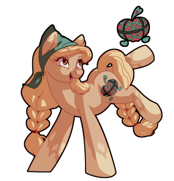 Size: 2500x2600 | Tagged: safe, artist:tersisa, applejack, earth pony, pony, alternate cutie mark, bandana, braid, braided tail, brown eyes, bucking, coat markings, female, freckles, image, mare, open mouth, png, redesign, smiling, solo