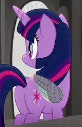 Size: 428x659 | Tagged: safe, derpibooru import, screencap, twilight sparkle, twilight sparkle (alicorn), alicorn, rainbow roadtrip, butt, cropped, image, plot, png, solo, wing bling, wings