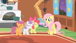Size: 3410x1920 | Tagged: safe, derpibooru import, screencap, apple bloom, fluttershy, scootaloo, sweetie belle, earth pony, pegasus, pony, unicorn, season 1, stare master, ^^, adorabloom, apple bloom's bow, bow, cute, cutealoo, cutie mark crusaders, diasweetes, eyes closed, female, filly, fluttershy's cottage, foal, hair bow, high res, image, jpeg, mare, night, smiling, spread wings, wings