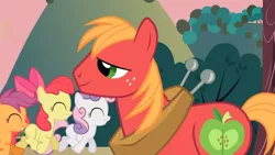 Size: 3410x1920 | Tagged: safe, derpibooru import, screencap, apple bloom, big macintosh, scootaloo, sweetie belle, earth pony, pegasus, pony, unicorn, hearts and hooves day (episode), season 2, ^^, adorabloom, apple bloom's bow, bow, cute, cutealoo, cutie mark crusaders, diasweetes, eyes closed, female, filly, foal, hair bow, high res, image, jpeg, male, smiling, solo focus, stallion