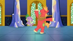 Size: 3410x1920 | Tagged: safe, derpibooru import, screencap, big macintosh, spike, dragon, earth pony, pony, dungeons and discords, season 6, ^^, bipedal, cute, duo, eyes closed, high res, image, jpeg, macabetes, male, smiling, spikabetes, stallion, twilight's castle