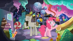 Size: 3410x1920 | Tagged: safe, derpibooru import, screencap, mudbriar, pinkie pie, earth pony, pony, season 8, the maud couple, spoiler:s08, balloon, cake, disco ball, eyes closed, female, food, grin, high res, image, jpeg, male, mare, smiling, stallion