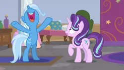 Size: 3410x1920 | Tagged: safe, derpibooru import, screencap, starlight glimmer, trixie, pony, unicorn, a horse shoe-in, season 9, spoiler:s09, bipedal, duo, female, high res, image, jpeg, mare, nose in the air, open mouth, open smile, school of friendship, smiling, volumetric mouth
