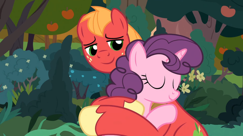 Size: 3410x1920 | Tagged: safe, derpibooru import, screencap, big macintosh, sugar belle, earth pony, pony, unicorn, season 9, the big mac question, spoiler:s09, duo, eyes closed, female, high res, hug, image, jpeg, male, mare, smiling, stallion