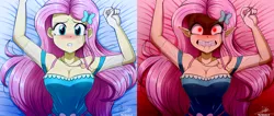 Size: 4094x1740 | Tagged: semi-grimdark, suggestive, artist:the-butch-x, derpibooru import, edit, editor:itsmgh1203, fluttershy, bat pony, undead, vampire, equestria girls, equestria girls series, armpits, bat ponified, blanket, blushing, breasts, busty fluttershy, clothes, comparison, creepy, cute, cutie mark, cutie mark on clothes, dress, elf ears, fangs, female, flutterbat, geode of fauna, gritted teeth, grope, image, jewelry, jpeg, looking at you, magical geodes, necklace, race swap, red eyes, shyabetes, side by side, solo, solo female, teeth
