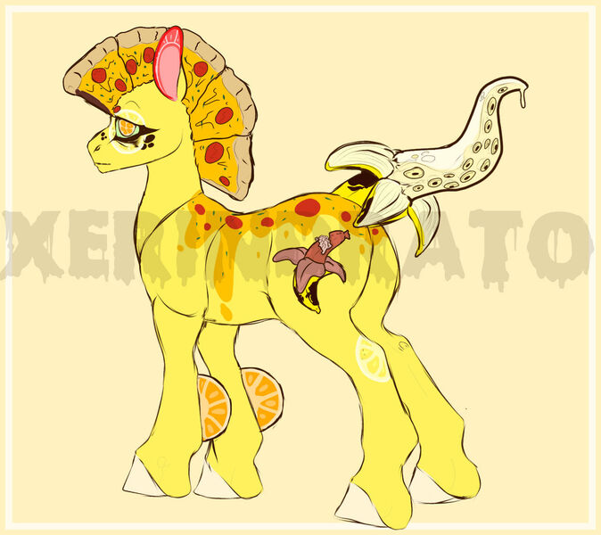 Size: 1280x1140 | Tagged: safe, artist:leparva, derpibooru import, princess celestia, silver spoon, strawberry sunrise, oc, ponified, alien, alien pony, food pony, hybrid, original species, pizza pony, pony, g5, my little pony: a new generation, adoptable, adoption, banana, bananalestia, cheese, cheese pizza, food, image, jpeg, lemon, obtrusive watermark, orange, orange eyes, pizza, watermark, yellow hair