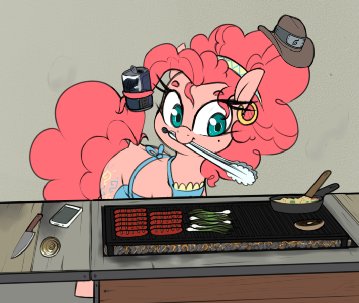 Size: 834x705 | Tagged: safe, artist:lockheart, derpibooru import, pinkie pie, earth pony, pony, apron, clothes, cooking, drink, ear piercing, earring, female, food, frying pan, grill, hat, headband, image, jewelry, knife, latina pinkie pie, leek, mane hold, mare, meat, meme, mouth hold, phone, piercing, pliers, png, ponies eating meat, ponified meme, sausage, soda, solo