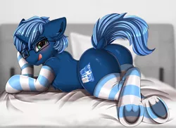 Size: 3595x2622 | Tagged: suggestive, artist:pridark, derpibooru import, oc, unofficial characters only, pony, unicorn, :p, :q, blushing, butt, chest fluff, clothes, commission, cutie mark, dock, ear fluff, glasses, high res, horn, image, looking back, lying down, male, one eye closed, plot, png, prone, socks, solo, solo male, stallion, striped socks, tail, tongue out, unicorn oc, wink, ych result, your character here