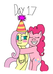Size: 2000x2793 | Tagged: safe, artist:ktd1993, derpibooru import, fluttershy, pinkie pie, blushing, female, flutterpie, hat, image, lesbian, party hat, png, shipping, simple background, transparent background