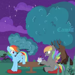 Size: 5000x5000 | Tagged: safe, artist:zakypo, derpibooru import, rainbow dash, oc, oc:dark rainbow, pony, ;p, blushing, canon x oc, cloud, commission, constellation, darsh, female, food, ice cream, image, male, mare, night, one eye closed, png, shipping, smiling, stallion, table, teasing, tongue out, tree, ych result