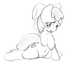 Size: 1000x886 | Tagged: suggestive, artist:seidouryu, derpibooru import, apple bloom, earth pony, pony, bedroom eyes, belly button, blushing, female, filly, foal, foalcon, image, png, sketch, solo, tongue out, underage