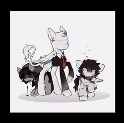 Size: 1436x1432 | Tagged: safe, artist:cupldcry, derpibooru import, ponified, earth pony, pegasus, pony, black background, clothes, creepypasta, cross-popping veins, hoodie, image, jeff the killer, jpeg, knife, meme, mouth hold, necktie, simple background, slenderman, trio, wings