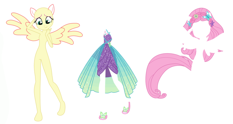 Size: 5032x2680 | Tagged: safe, artist:machakar52, derpibooru import, fluttershy, butterfly, human, insect, equestria girls, equestria girls series, forgotten friendship, arm behind head, base, clothes, dress, flower, flower in hair, headband, image, looking down, pegasus wings, png, ponied up, shoes, simple background, super ponied up, white background, wings