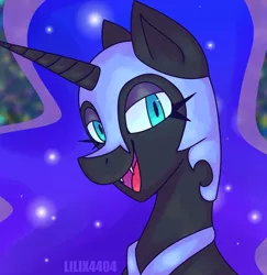 Size: 1902x1959 | Tagged: safe, artist:lilix4404, derpibooru import, nightmare moon, alicorn, pony, blue eyes, blue mane, colored pupils, cute, digital art, ethereal mane, eyelashes, female, flowing mane, helmet, horn, image, jpeg, lidded eyes, looking at you, mare, nicemare moon, open mouth, open smile, peytral, signature, smiling, smiling at you, solo, starry mane, teeth, watermark