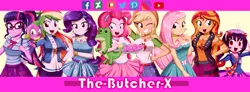 Size: 960x355 | Tagged: safe, artist:the-butch-x, derpibooru import, applejack, fluttershy, gummy, pinkie pie, rainbow dash, rarity, sci-twi, spike, spike the regular dog, sunset shimmer, twilight sparkle, oc, oc:cassey, alligator, dog, equestria girls, equestria girls series, applejack's hat, banner, belt, bowtie, bracelet, clothes, cookie, cowboy hat, cutie mark, cutie mark on clothes, denim skirt, deviantart, deviantart logo, facebook, female, food, geode of empathy, geode of fauna, geode of shielding, geode of sugar bombs, geode of super speed, geode of super strength, geode of telekinesis, glasses, grin, hat, hoodie, humane five, humane seven, humane six, image, instagram, jewelry, logo, looking at you, magical geodes, male, meta, necklace, old art, one eye closed, open mouth, open smile, patreon, patreon logo, pixiv, png, ponytail, rarity peplum dress, shorts, skirt, smiling, smiling at you, twitter, wink, winking at you, youtube