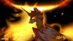 Size: 3700x2100 | Tagged: safe, artist:ladyluna2, derpibooru import, daybreaker, alicorn, pony, armor, crown, digital art, evil grin, feather, female, fire, flowing mane, folded wings, glow, glowing eyes, grin, horn, image, jewelry, looking back, mane of fire, mare, png, regalia, smiling, solo, sun, tail, tail of fire, teeth, wing armor, wings, yellow eyes
