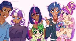 Size: 2898x1588 | Tagged: safe, artist:diameltzowo, derpibooru import, night light, princess cadance, princess flurry heart, shining armor, spike, twilight sparkle, twilight velvet, human, baby, clothes, crown, cute, dark skin, dress, ear piercing, earring, family, female, happy, horn, horned humanization, humanized, image, jewelry, male, necklace, open mouth, piercing, png, regalia, ring, sharp teeth, simple background, smiling, teeth, winged humanization, wings