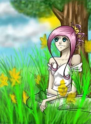 Size: 3162x4287 | Tagged: safe, artist:tao-mell, derpibooru import, fluttershy, human, clothes, commission, female, grass, humanized, image, jpeg, solo, tree