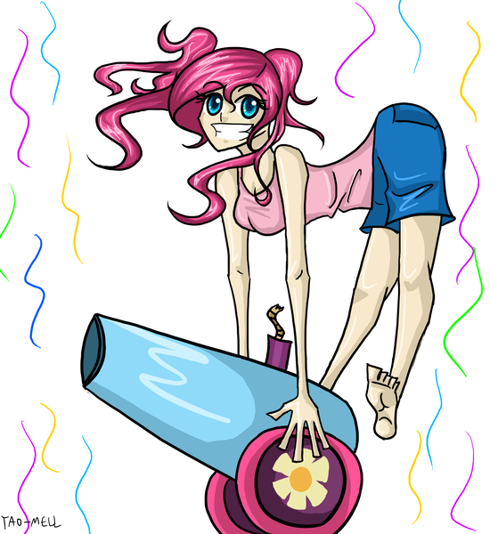 Size: 3426x3738 | Tagged: safe, artist:tao-mell, derpibooru import, pinkie pie, human, barefoot, feet, female, grin, humanized, image, jpeg, party cannon, simple background, smiling, solo, white background