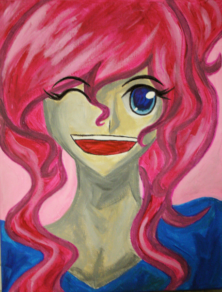 Size: 1968x2576 | Tagged: safe, artist:tao-mell, derpibooru import, pinkie pie, human, bust, canvas, female, humanized, image, jpeg, one eye closed, open mouth, smiling, solo, traditional art, wink