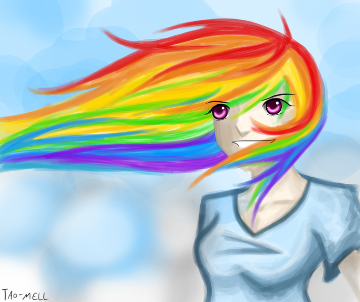 Size: 3752x3152 | Tagged: safe, artist:tao-mell, derpibooru import, rainbow dash, human, female, humanized, image, jpeg, solo, windswept hair