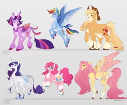 Size: 5000x4167 | Tagged: safe, artist:sakishithewolf, edit, applejack, fluttershy, pinkie pie, rainbow dash, rarity, twilight sparkle, alicorn, earth pony, pegasus, pony, unicorn, alternate design, alternate hairstyle, butterfly wings, cloven hooves, coat markings, cowboy hat, curved horn, diverse body types, ear fluff, feathered fetlocks, female, floating, hat, horn, hybrid wings, image, leonine tail, long mane, long tail, mane six, multicolored hooves, open mouth, png, raised hoof, redesign, twitterina design, unshorn fetlocks, wings