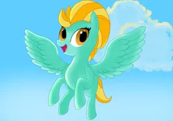 Size: 2048x1444 | Tagged: safe, derpibooru import, lightning dust, pegasus, pony, cute, female, flying, happy, image, jpeg, mare, open mouth, open smile, simple background, sky, smiling, solo, spread wings, wings
