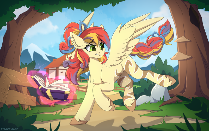 Size: 3132x1965 | Tagged: safe, artist:strafe blitz, derpibooru import, oc, unofficial characters only, pegasus, pony, book, chest fluff, ear fluff, female, fence, house, image, magic, mare, mountain, png, scenery, solo, spread wings, telekinesis, transformation, unshorn fetlocks, wings