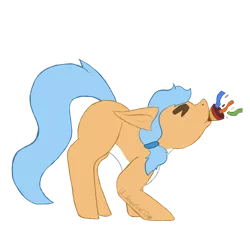 Size: 1280x1229 | Tagged: safe, artist:lil_vampirecj, derpibooru import, oc, oc:iva, unofficial characters only, earth pony, pony, blue mane, blue tail, commission, image, party popper, png, solo, tail, tan coat, white belly, ych example, ych result, your character here