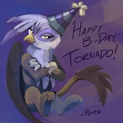 Size: 1000x1000 | Tagged: safe, artist:nepenthe, gilda, gryphon, birthday, crossed arms, folded wings, happy birthday, hat, image, looking to side, party hat, paws, png, sitting, tail, wings