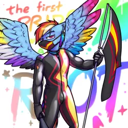 Size: 3000x3000 | Tagged: suggestive, artist:krd, derpibooru import, rainbow dash, anthro, pegasus, bodysuit, clothes, crotch bulge, ear piercing, earring, eyebrow piercing, fetish, flag, flag pole, graffiti, graffiti background, image, jewelry, jpeg, latex, latex suit, looking at you, male, mask, nonbinary, pansexual, piercing, pride, pride flag, rubber, rubber pride flag, rubber suit, rule 63, shiny, solo, solo male, spread wings, trans rights, wings