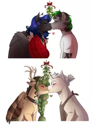 Size: 1827x2500 | Tagged: safe, artist:0naturaldisaster0, edit, oc, unofficial characters only, anthro, deer, deer pony, original species, pegasus, peryton, pony, anthro with ponies, antlers, blushing, bust, clothes, commission, crossed arms, image, kissing, mistletoe, oc x oc, pegasus oc, png, shipping, simple background, sweater, white background, wings, ych result